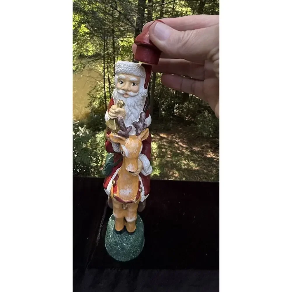 Vintage Old World Pencil Santa Candlestick Riding Reindeer Candleholder -C36